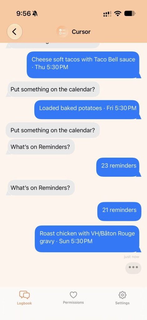Logbook showing dinners written to the calendar.